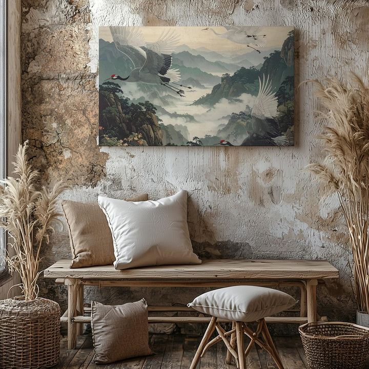 Soaring White Cranes Canvas – East Asian Watercolor Mountain Flight Art - Gifitto