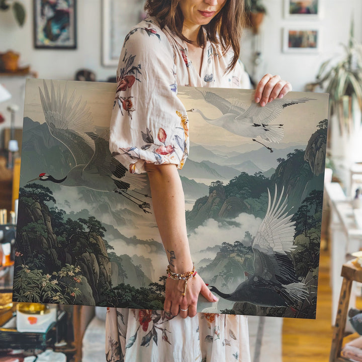 Soaring White Cranes Canvas – East Asian Watercolor Mountain Flight Art - Gifitto