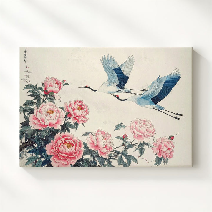 Cranes & Peonies Canvas – Minimalist Japanese Floral Harmony Art - Gifitto