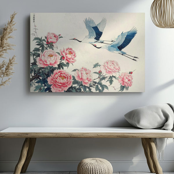 Cranes & Peonies Canvas – Minimalist Japanese Floral Harmony Art - Gifitto