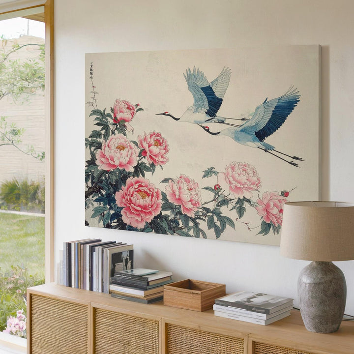 Cranes & Peonies Canvas – Minimalist Japanese Floral Harmony Art - Gifitto