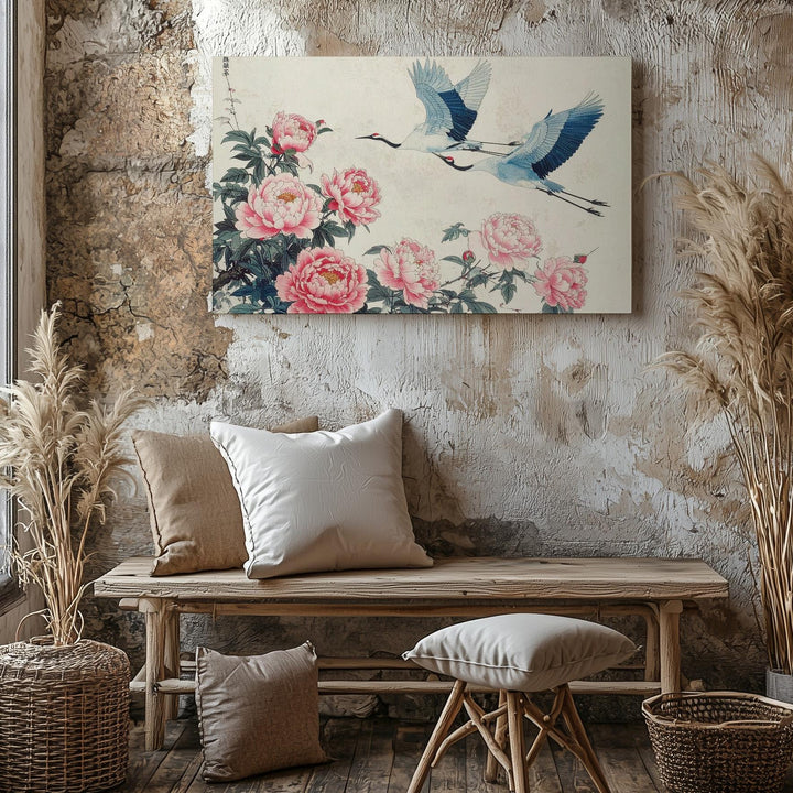 Cranes & Peonies Canvas – Minimalist Japanese Floral Harmony Art - Gifitto