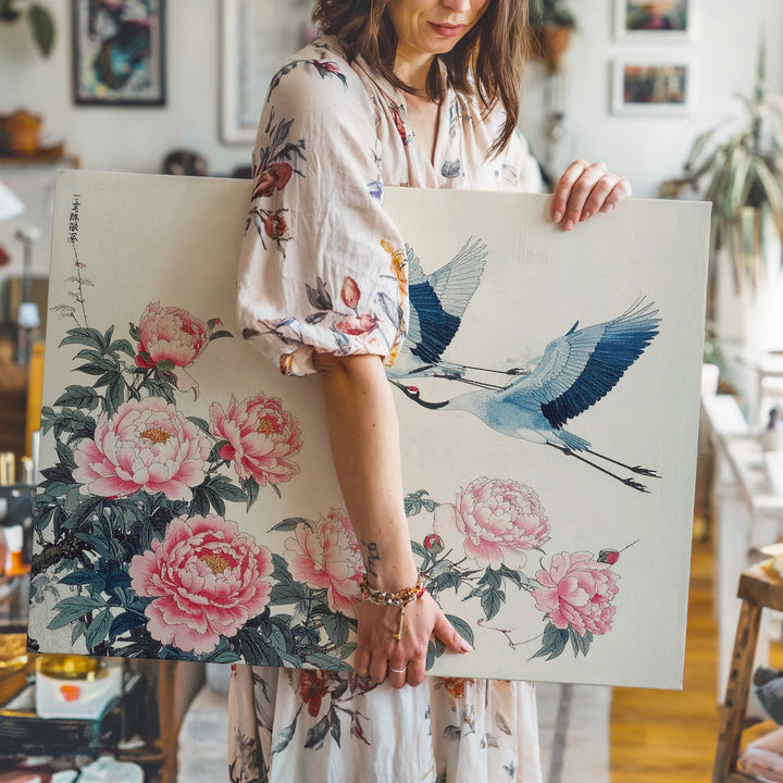 Cranes & Peonies Canvas – Minimalist Japanese Floral Harmony Art - Gifitto