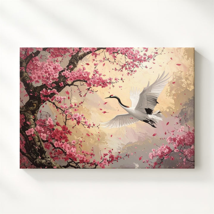 Cherry Blossom & White Crane Canvas – Romantic Japanese Springtime Art - Gifitto