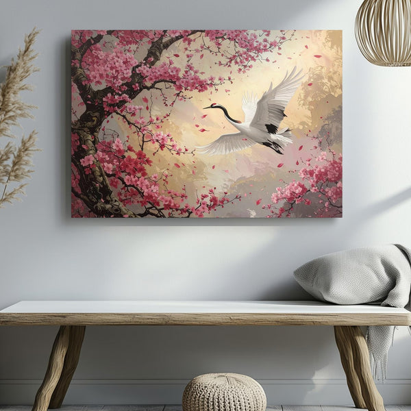 Cherry Blossom & White Crane Canvas – Romantic Japanese Springtime Art - Gifitto