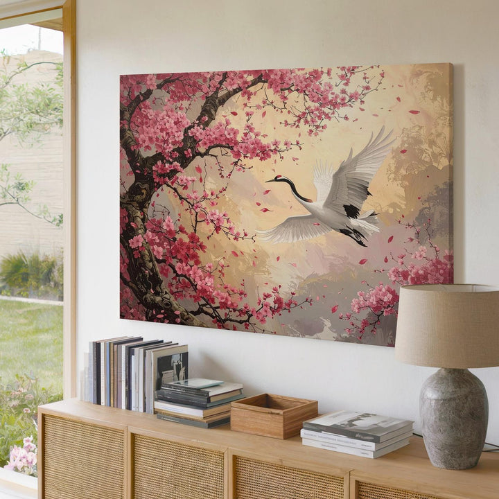 Cherry Blossom & White Crane Canvas – Romantic Japanese Springtime Art - Gifitto