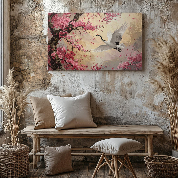 Cherry Blossom & White Crane Canvas – Romantic Japanese Springtime Art - Gifitto