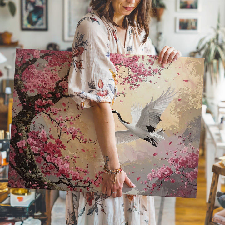 Cherry Blossom & White Crane Canvas – Romantic Japanese Springtime Art - Gifitto