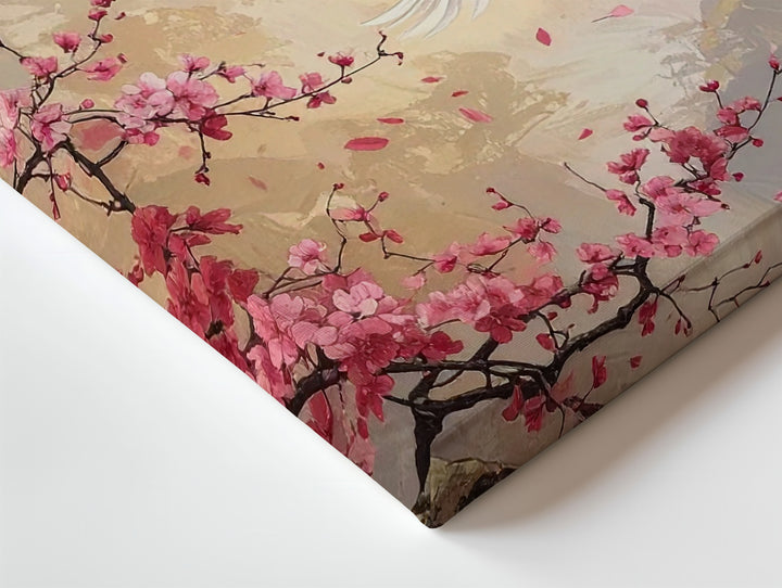 Cherry Blossom & White Crane Canvas – Romantic Japanese Springtime Art - Gifitto