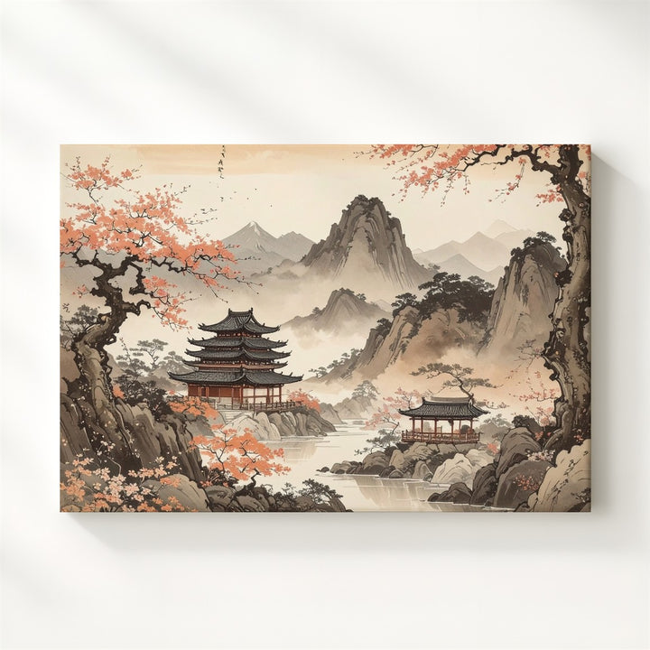 Sumi-e Mountain Temple Canvas – Traditional Japanese Ink Landscape Art - Gifitto