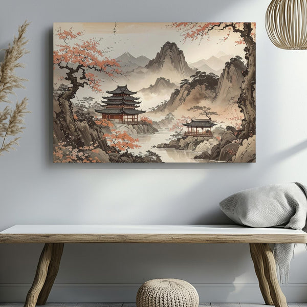 Sumi-e Mountain Temple Canvas – Traditional Japanese Ink Landscape Art - Gifitto