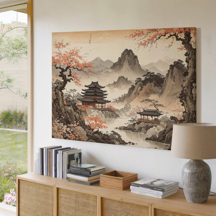 Sumi-e Mountain Temple Canvas – Traditional Japanese Ink Landscape Art - Gifitto