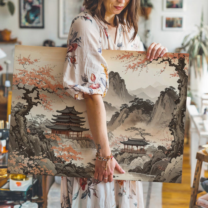 Sumi-e Mountain Temple Canvas – Traditional Japanese Ink Landscape Art - Gifitto