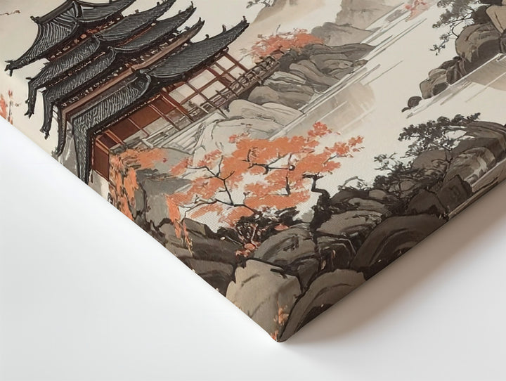 Sumi-e Mountain Temple Canvas – Traditional Japanese Ink Landscape Art - Gifitto
