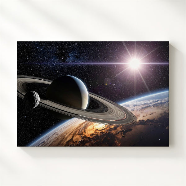 Ringed Planet Silhouette Canvas – Deep Space Scene with Light Flare & Orbiting Moon - Gifitto