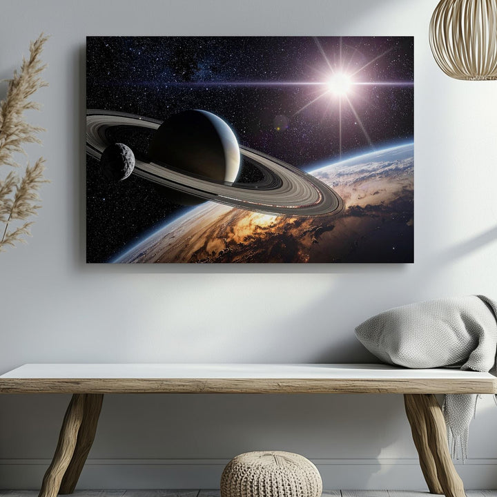 Ringed Planet Silhouette Canvas – Deep Space Scene with Light Flare & Orbiting Moon - Gifitto