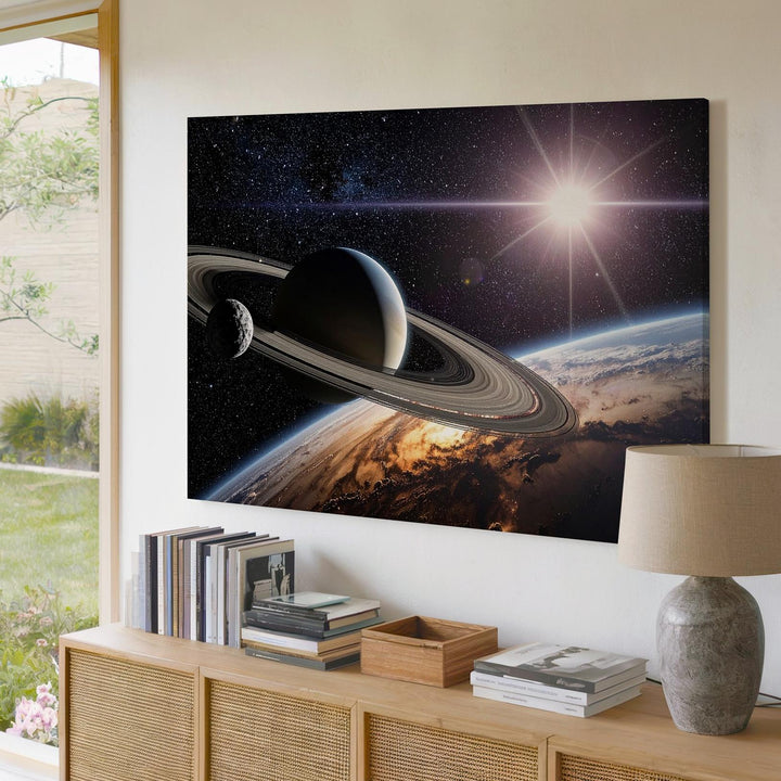 Ringed Planet Silhouette Canvas – Deep Space Scene with Light Flare & Orbiting Moon - Gifitto
