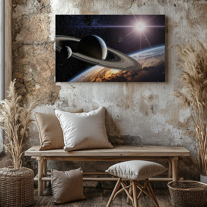 Ringed Planet Silhouette Canvas – Deep Space Scene with Light Flare & Orbiting Moon - Gifitto