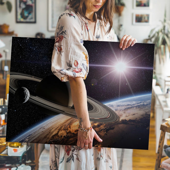 Ringed Planet Silhouette Canvas – Deep Space Scene with Light Flare & Orbiting Moon - Gifitto
