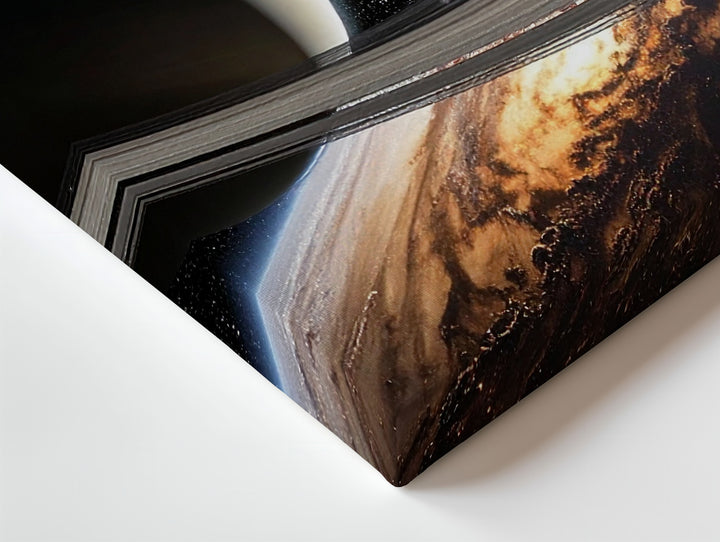 Ringed Planet Silhouette Canvas – Deep Space Scene with Light Flare & Orbiting Moon - Gifitto