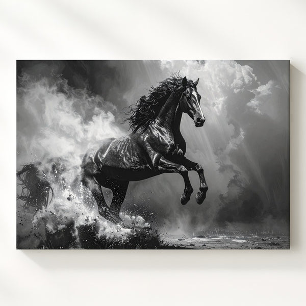 Shadowrise Canvas – Monochrome Rearing Horse in Smoke and Light - Gifitto