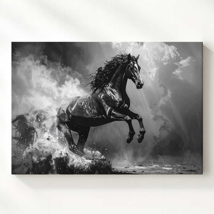 Shadowrise Canvas – Monochrome Rearing Horse in Smoke and Light - Gifitto