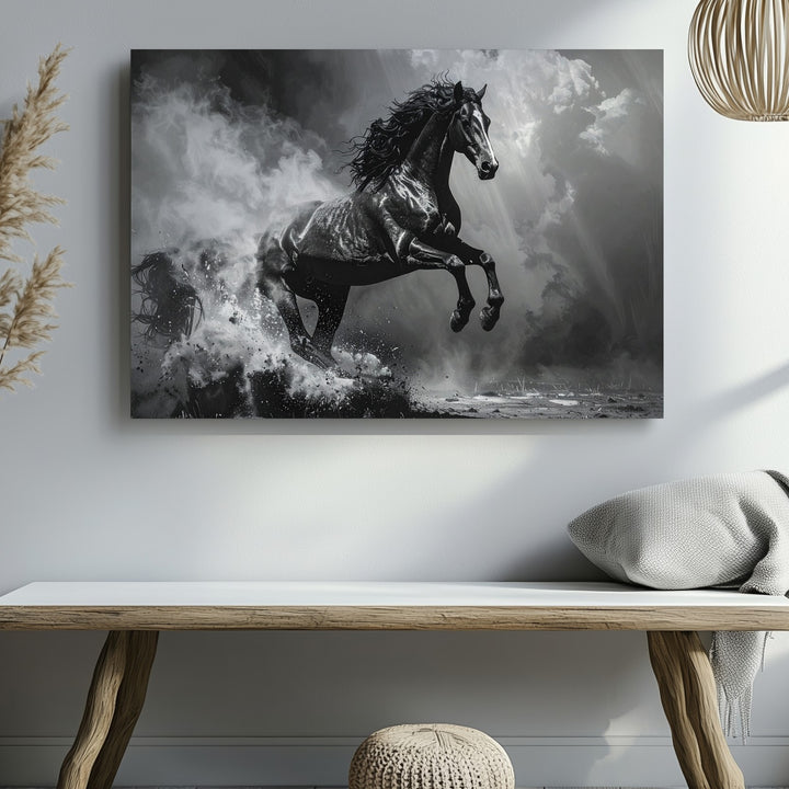 Shadowrise Canvas – Monochrome Rearing Horse in Smoke and Light - Gifitto