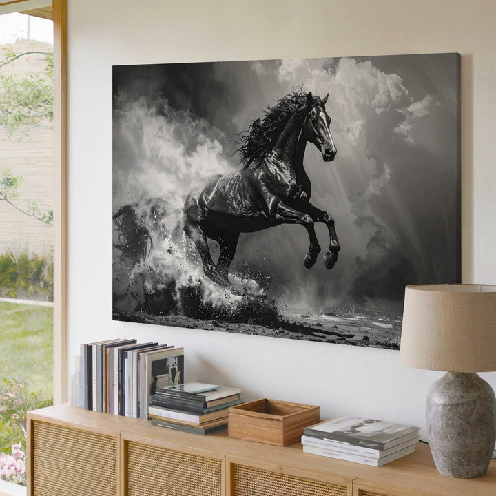 Shadowrise Canvas – Monochrome Rearing Horse in Smoke and Light - Gifitto