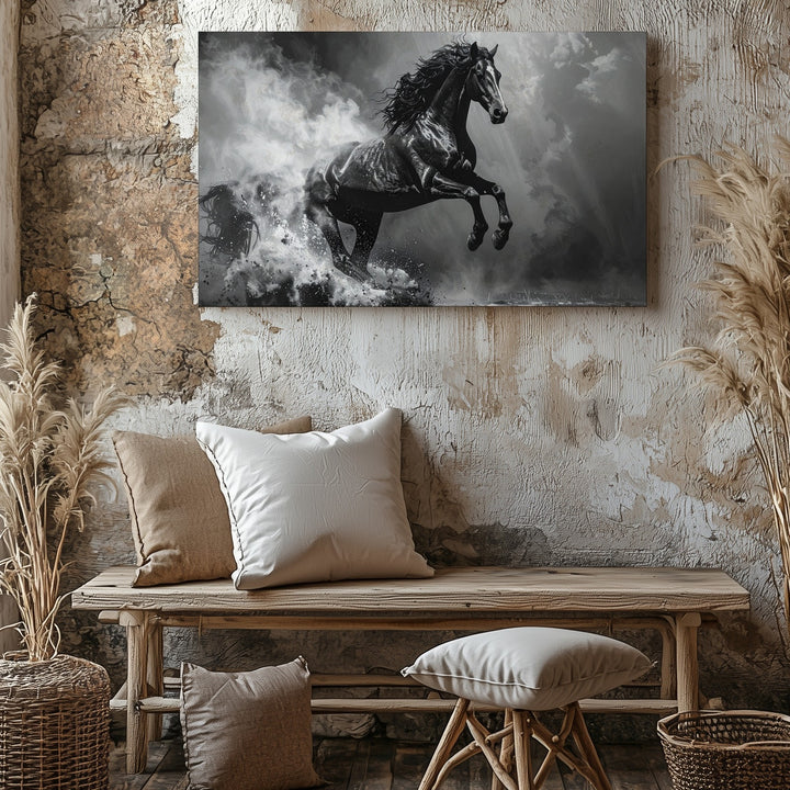 Shadowrise Canvas – Monochrome Rearing Horse in Smoke and Light - Gifitto