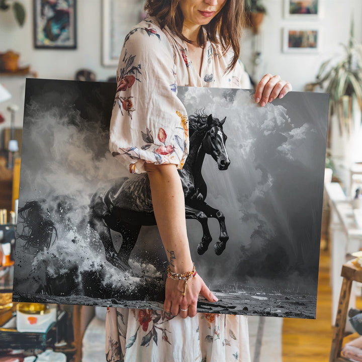 Shadowrise Canvas – Monochrome Rearing Horse in Smoke and Light - Gifitto