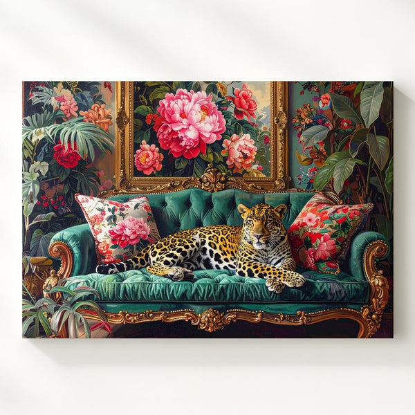 Regal Leopard on Emerald Couch Canvas – Maximalist Jungle Luxe Interior Art - Gifitto