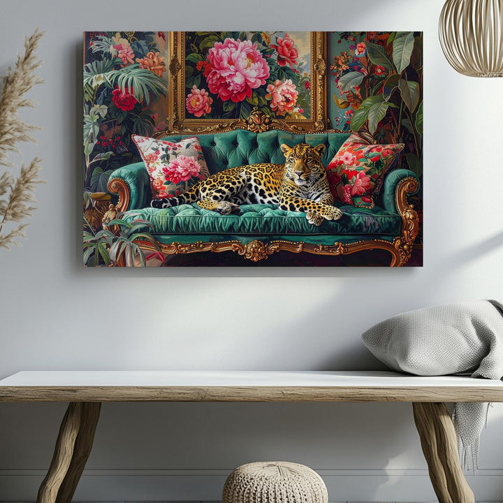 Regal Leopard on Emerald Couch Canvas – Maximalist Jungle Luxe Interior Art - Gifitto