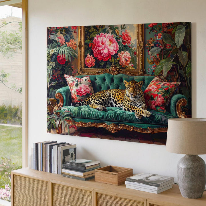 Regal Leopard on Emerald Couch Canvas – Maximalist Jungle Luxe Interior Art - Gifitto