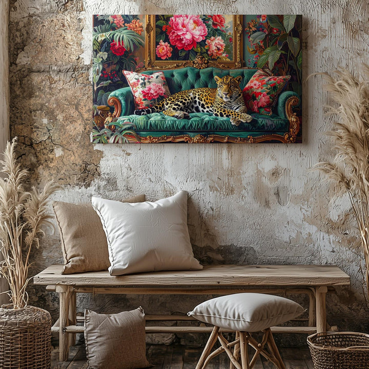 Regal Leopard on Emerald Couch Canvas – Maximalist Jungle Luxe Interior Art - Gifitto