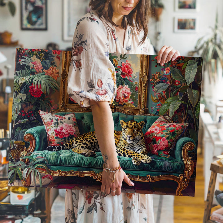 Regal Leopard on Emerald Couch Canvas – Maximalist Jungle Luxe Interior Art - Gifitto