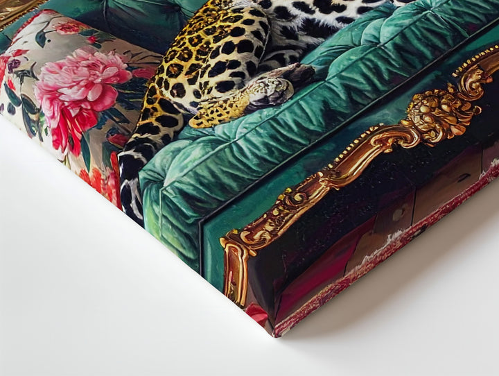 Regal Leopard on Emerald Couch Canvas – Maximalist Jungle Luxe Interior Art - Gifitto