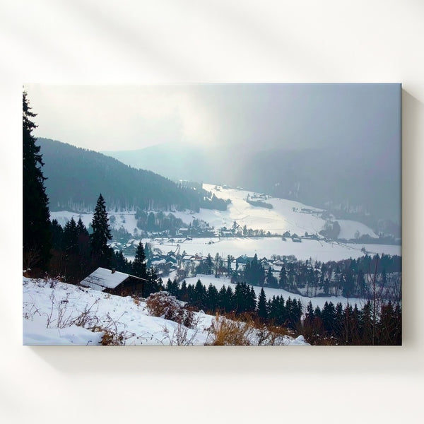 Snow-Covered Village Canvas – Quiet Winter Valley Landscape Wall Art
