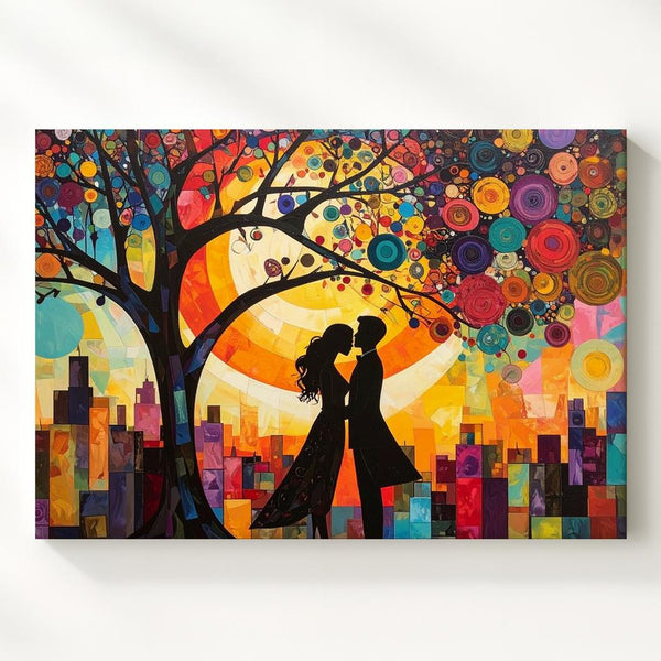 City Love Under the Tree Canvas – Romantic Urban Scene with Vibrant Colors - Gifitto