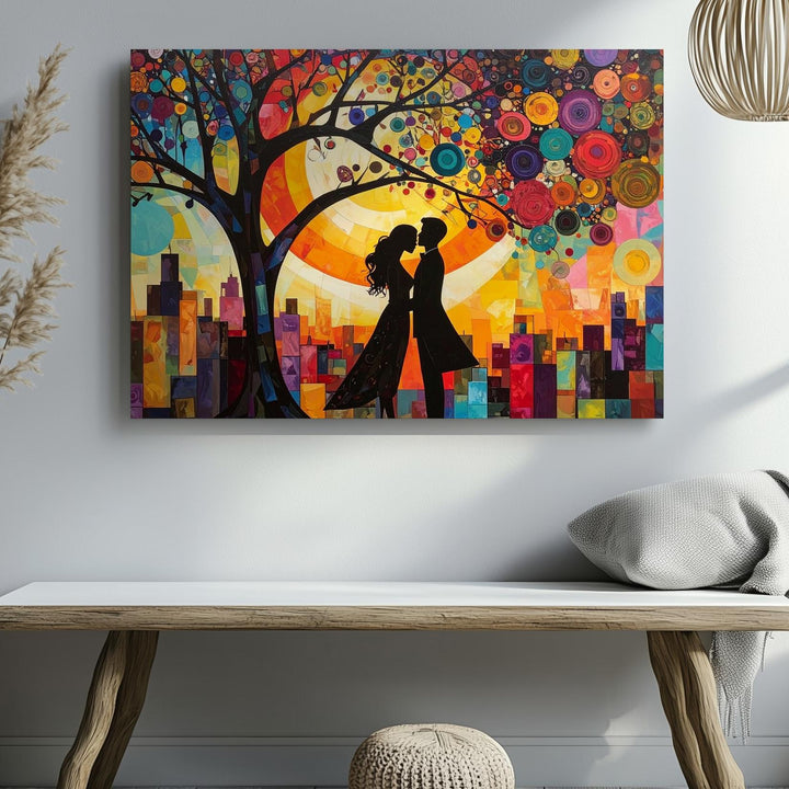 City Love Under the Tree Canvas – Romantic Urban Scene with Vibrant Colors - Gifitto