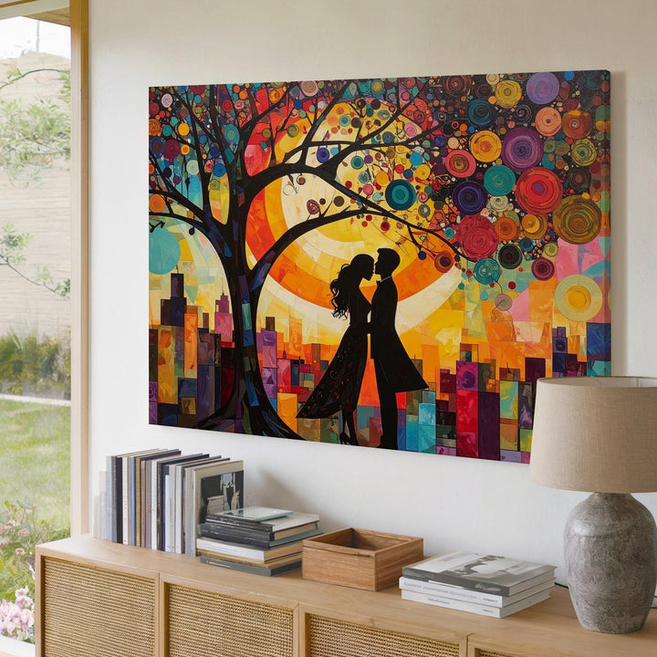 City Love Under the Tree Canvas – Romantic Urban Scene with Vibrant Colors - Gifitto
