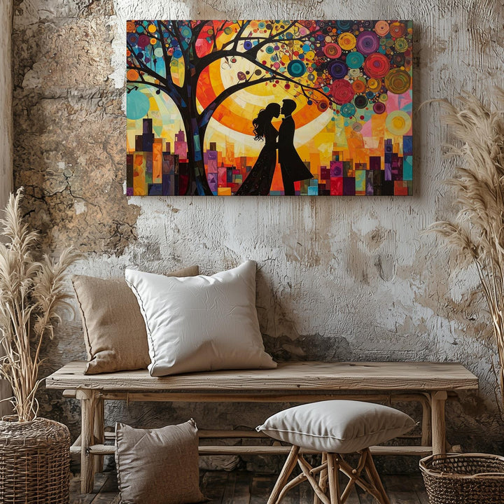 City Love Under the Tree Canvas – Romantic Urban Scene with Vibrant Colors - Gifitto