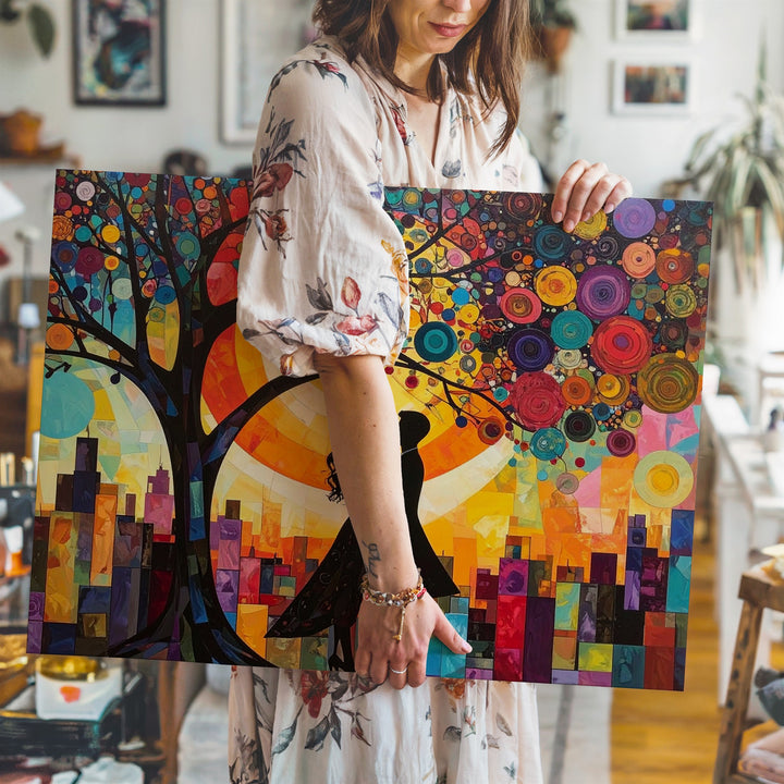 City Love Under the Tree Canvas – Romantic Urban Scene with Vibrant Colors - Gifitto