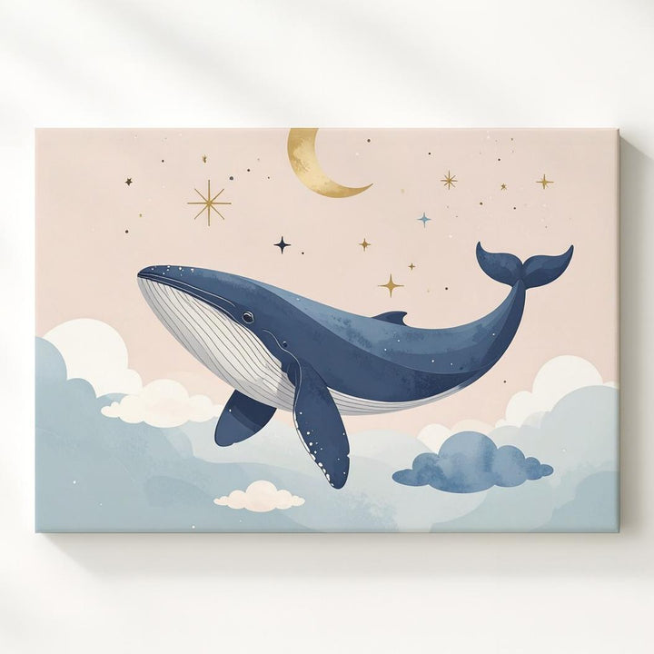 Dreamlike Blue Whale with Crescent Moon Canvas – Celestial Nursery Wall Art - Gifitto