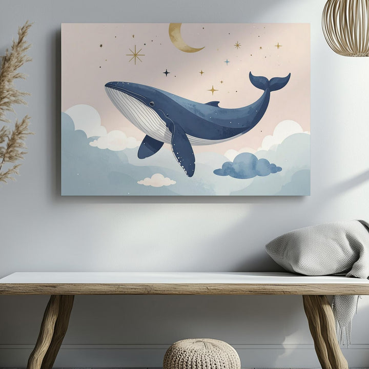 Dreamlike Blue Whale with Crescent Moon Canvas – Celestial Nursery Wall Art - Gifitto