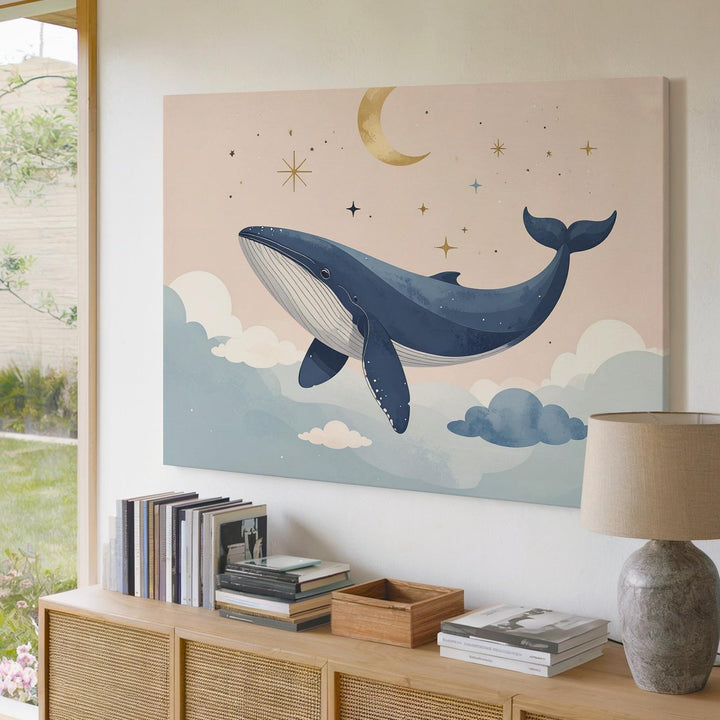 Dreamlike Blue Whale with Crescent Moon Canvas – Celestial Nursery Wall Art - Gifitto