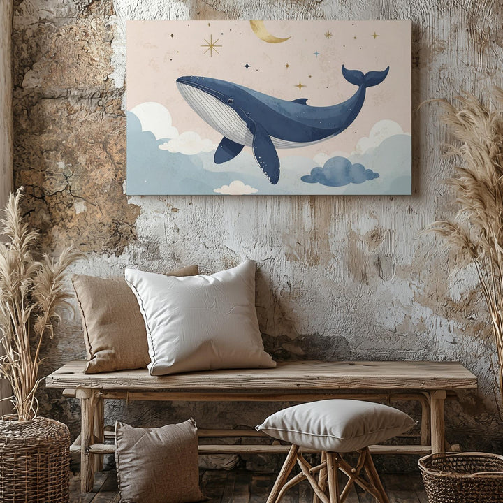 Dreamlike Blue Whale with Crescent Moon Canvas – Celestial Nursery Wall Art - Gifitto