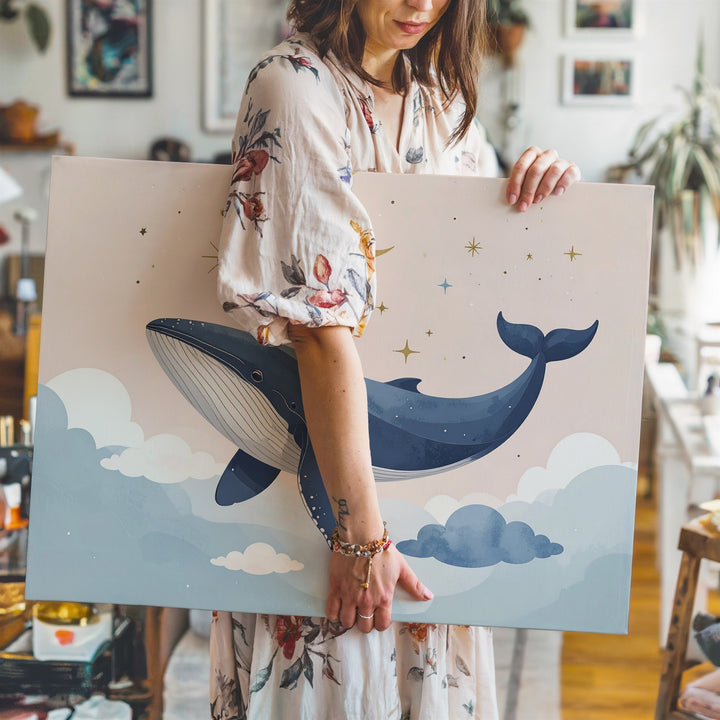 Dreamlike Blue Whale with Crescent Moon Canvas – Celestial Nursery Wall Art - Gifitto