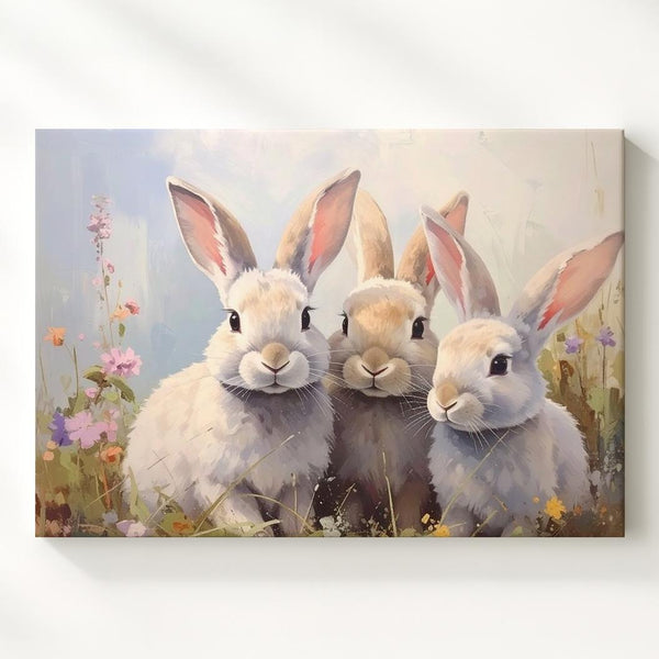 Pastel Bunnies in Meadow Canvas – Serene Spring Wall Art - Gifitto