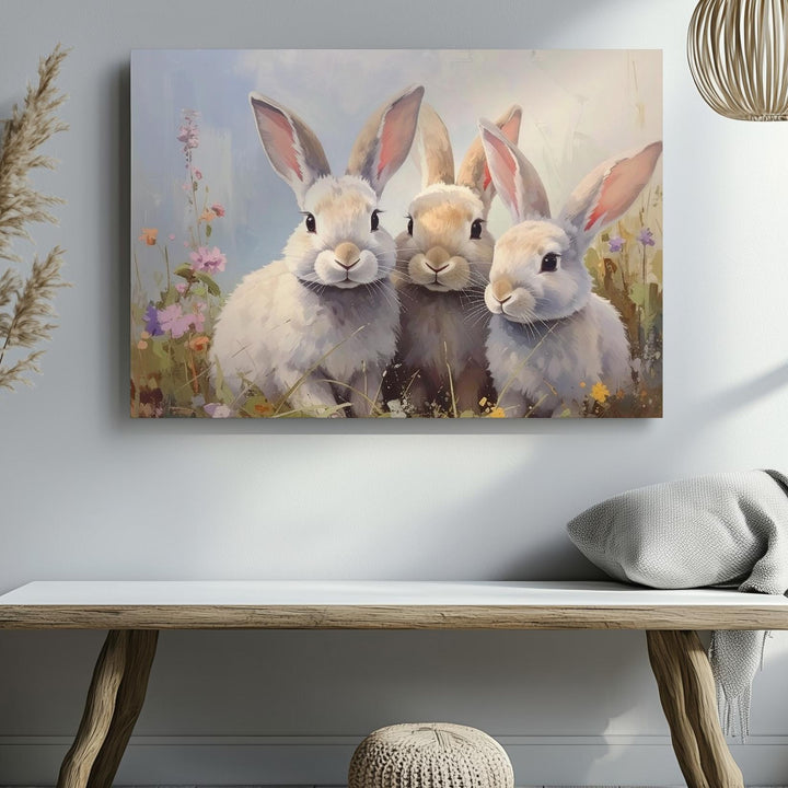 Pastel Bunnies in Meadow Canvas – Serene Spring Wall Art - Gifitto