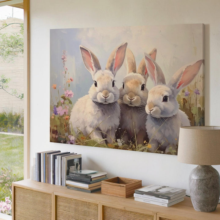 Pastel Bunnies in Meadow Canvas – Serene Spring Wall Art - Gifitto